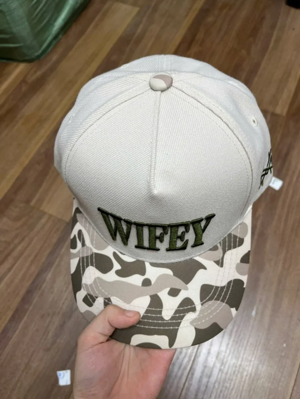 Wifey Embroidered Snapback Hat – Cream Crown Camo Flat Brim Cap with Olive Green